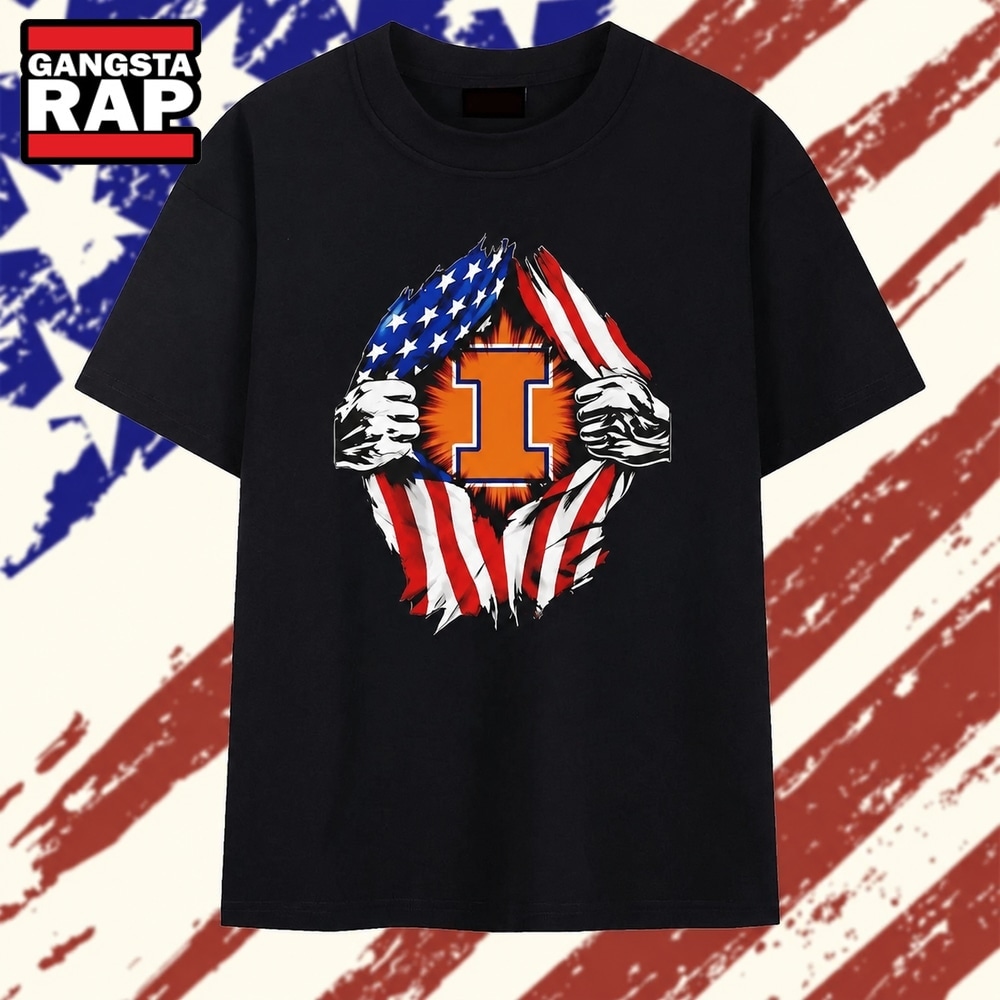 Illinois Fighting Illini American flag chest rip T Shirt , Trending 2D Shirt Illinois Fighting Illini American Flag Chest Rip T Shirt