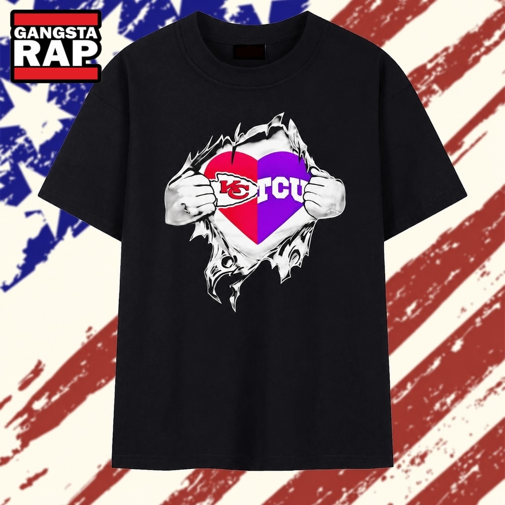 Kansas City Chiefs and TCU Horned Frogs mashup heart with Superman chest rip T Shirt, Trending 2D Shirt Kansas City Chiefs And Tcu Horned Frogs Mashup Heart With Superman Chest Rip T Shirt