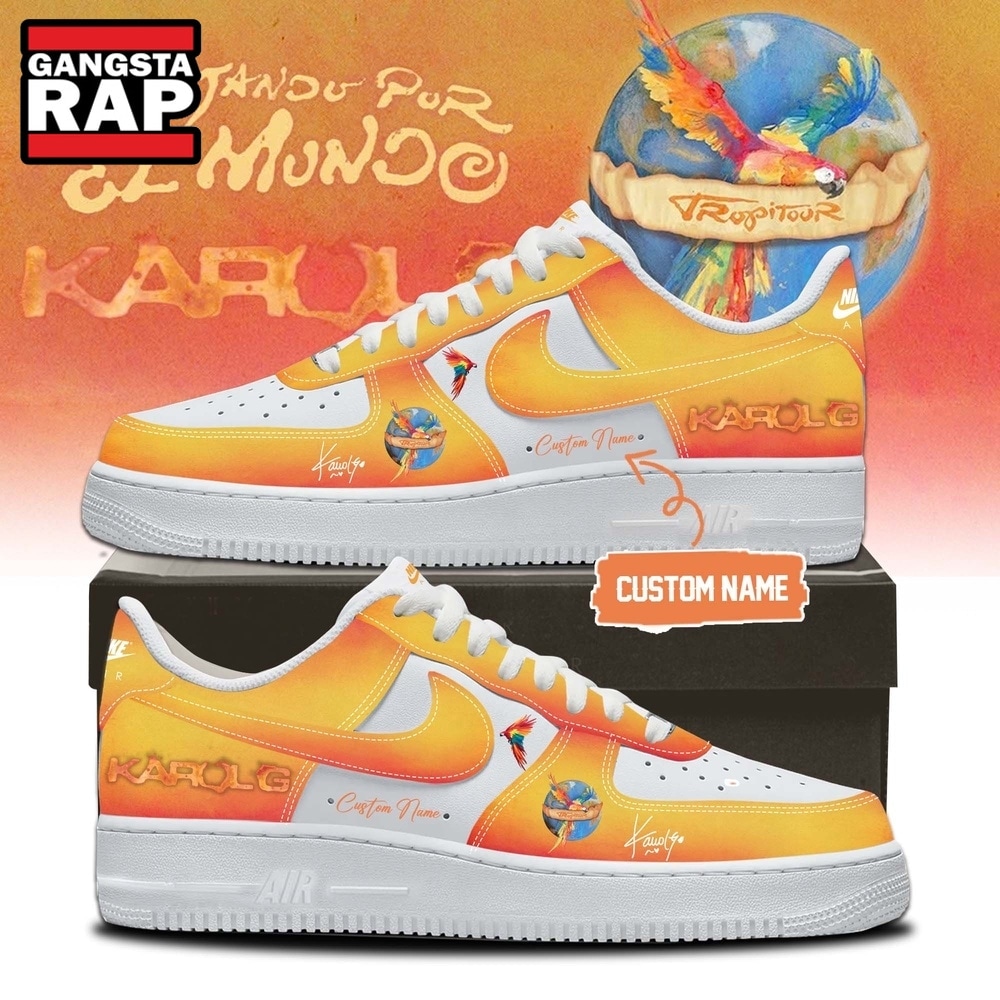 Karol G VIAJANDO POR EL MUNDO TROPITOUR Signed 2026 Orange Air Force 1 Shoes , Music Trending Shoes Karol G Viajando Por EL Mundo Tropitour Signed 2026 Orange Air Force 1 Shoes