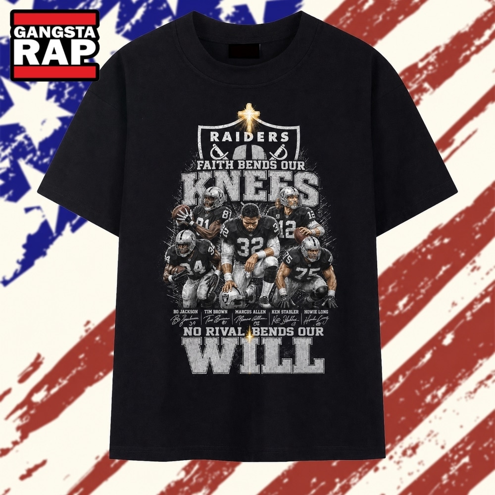 Las Vegas Raiders Faith Bends Our Knees No Rival Bends Our Will T Shirt, Trending 2D Shirt Las Vegas Raiders Faith Bends Our Knees No Rival Bends Our Will T Shirt, Trending 2D Shirt