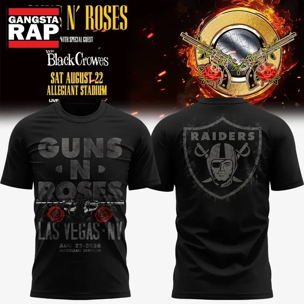 Las Vegas Raiders x Guns N’ Roses World Tour 2026 Limited Edition T Shirt, Trending 3D Music Shirt Las Vegas Raiders x Guns N’ Roses World Tour 2026 Limited Edition T Shirt, Trending 3D Music Shirt