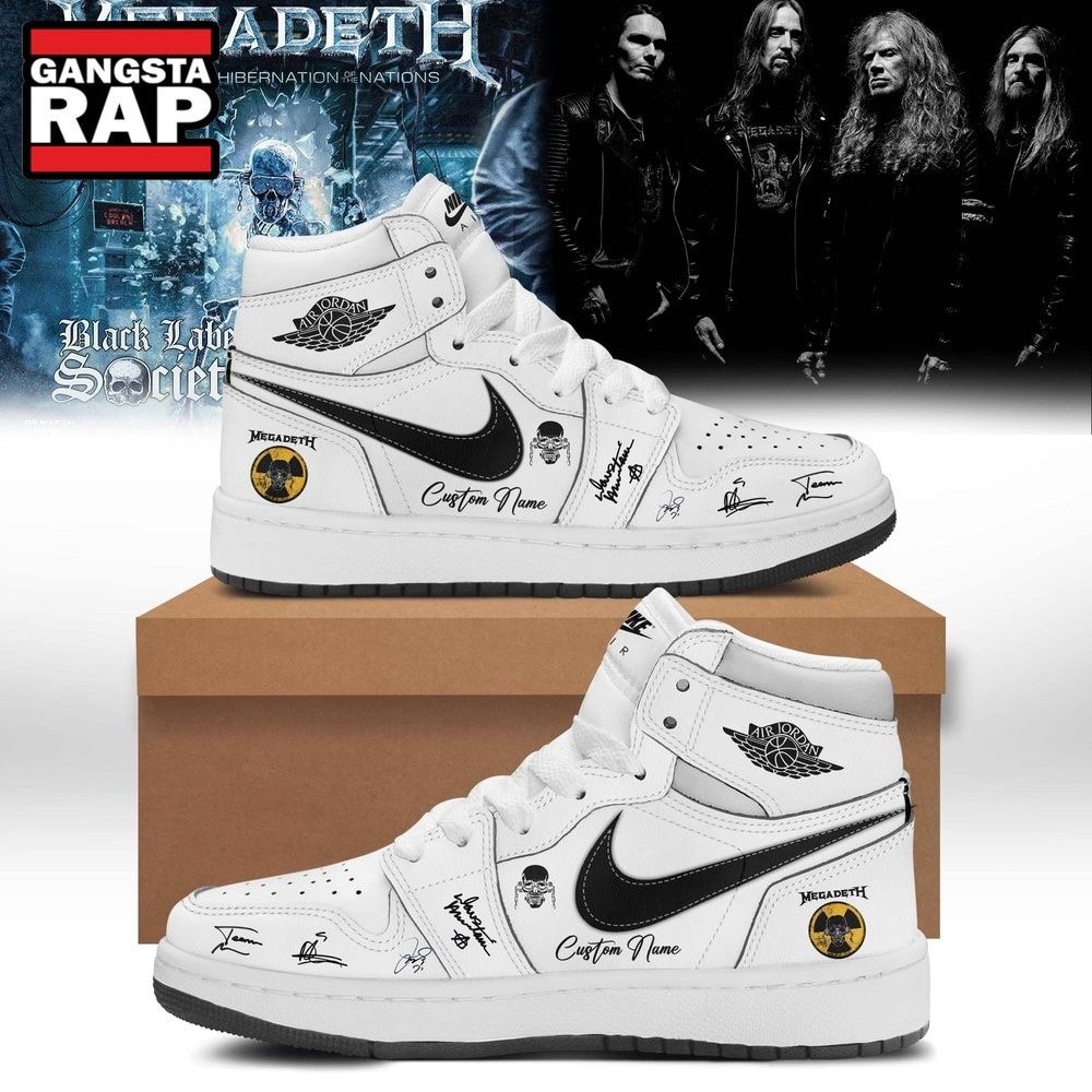 Megadeth 2026 Signed White Air Jordan 1 Hightop Shoes , Trending Music Shoes Megadeth 2026 Signed White Air Jordan 1 Hightop Shoes , Trending Music Shoes