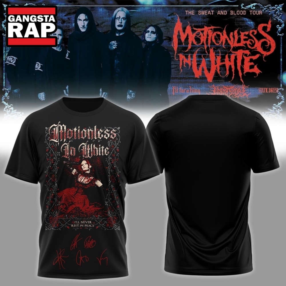 Motionless In White The Sweat And Blood Tour Signed 2026 Black T Shirt , Music Trending 3D Shirt Motionless IN White The Sweat And Blood Tour Signed 2026 Black T Shirt