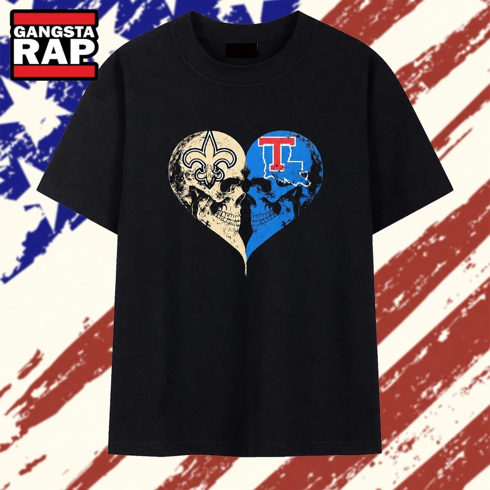 New Orleans Saints x Louisiana Tech Bulldogs skulls face to face heart shape T Shirt , Trending 2D Shirt New Orleans Saints X Louisiana Tech Bulldogs Skulls Face TO Face Heart Shape T Shirt
