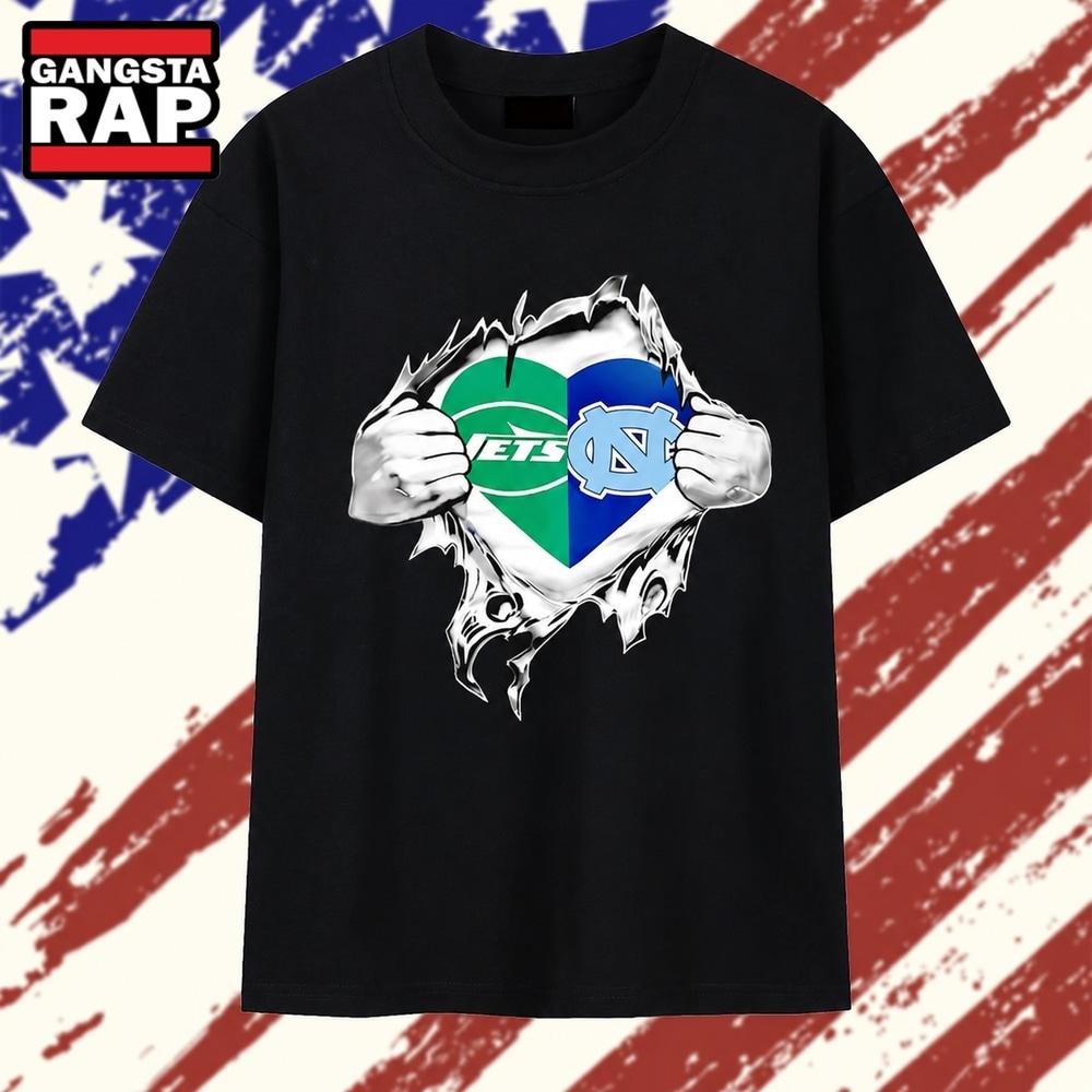 New York Jets and North Carolina Tar Heels mashup heart with Superman chest rip T Shirt, Trending 2D Shirt New York Jets and North Carolina Tar Heels mashup heart with Superman chest rip T Shirt, Trending 2D Shirt