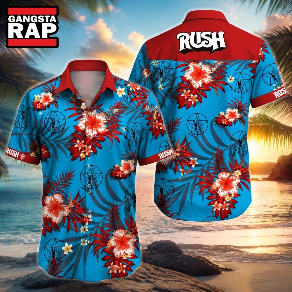 Red Flowers on Blue Rush Rock Music Band Summer Aloha Hawaiian Shirt, Music Hawaiian Shirt Red Flowers ON Blue Rush Rock Music Band Summer Aloha Hawaiian Shirt