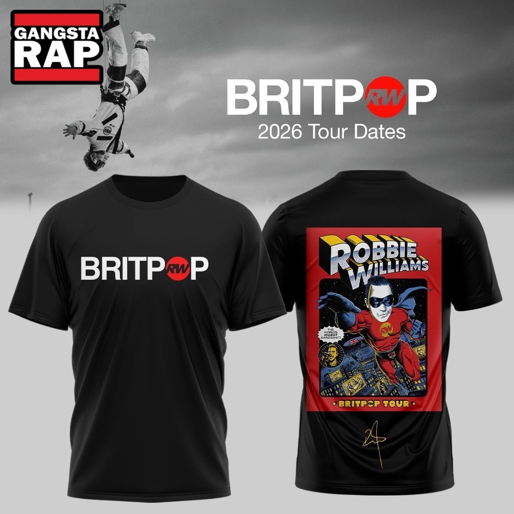 Robbie Williams BRITPOP World Tour 2026 Black T Shirt , Music Trending 3D Shirt Robbie Williams Britpop World Tour 2026 Black T Shirt