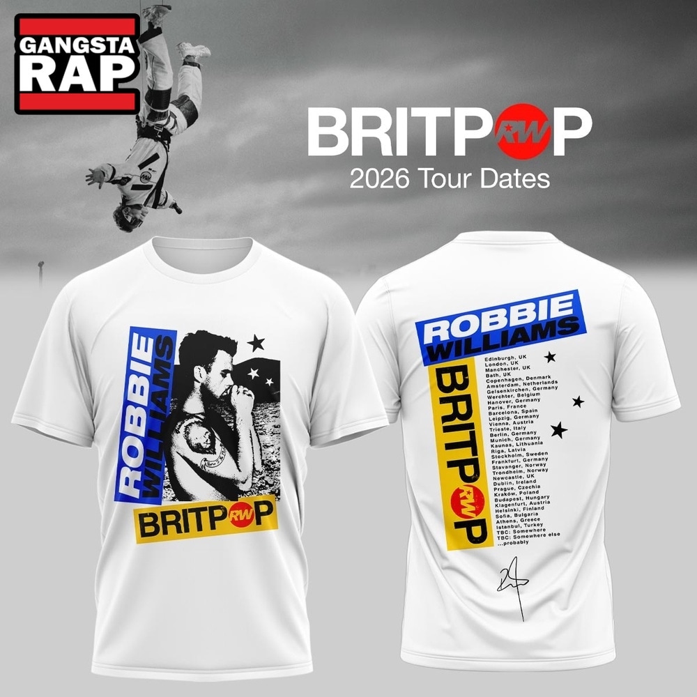 Robbie Williams BRITPOP World Tour 2026 White 3D Shirt , Music Trending 3D Shirt Robbie Williams Britpop World Tour 2026 White 3D Shirt