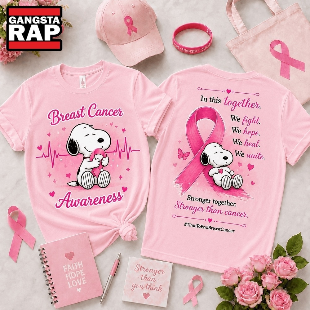 Snoopy Breast Cancer Awareness Stronger Together Pink Ribbon T Shirt , Trending 3D Music Shirt Snoopy Breast Cancer Awareness Stronger Together Pink Ribbon T Shirt