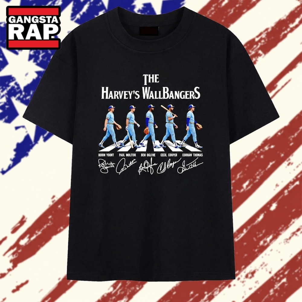 The Harvey’s Wallbangers Milwaukee Brewers legends walking across signature T Shirt , Trending 2D Shirt The Harvey S Wallbangers Milwaukee Brewers Legends Walking Across Signature T Shirt