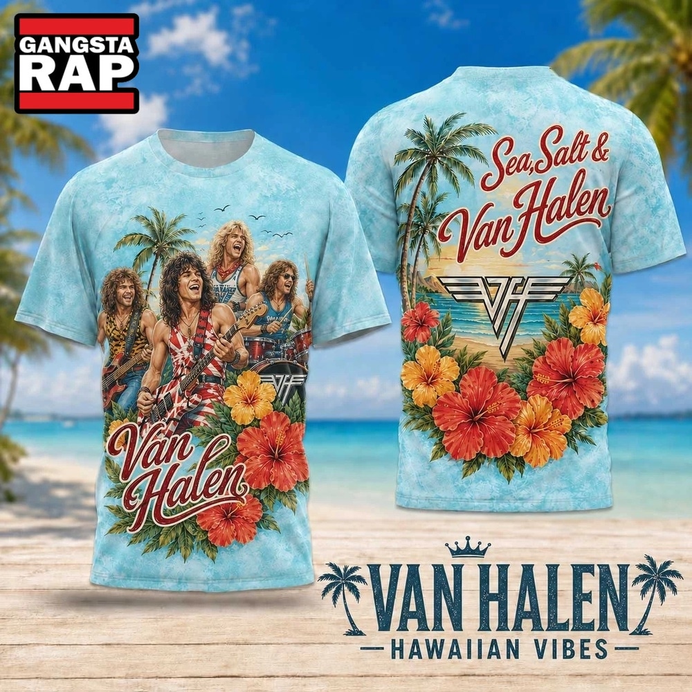 Van Halen Hawaiian Vibes Floral Lei Beach Scene 2026 3D Shirt , Trending 3D Music Shirt Van Halen Hawaiian Vibes Floral Lei Beach Scene 2026 3D Shirt