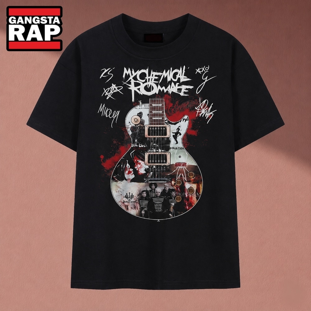 Vintage My Chemical Romance Band Signatures Guitar Collage T Shirt , Music 2D Shirt Vintage MY Chemical Romance Band Signatures Guitar Collage T Shirt