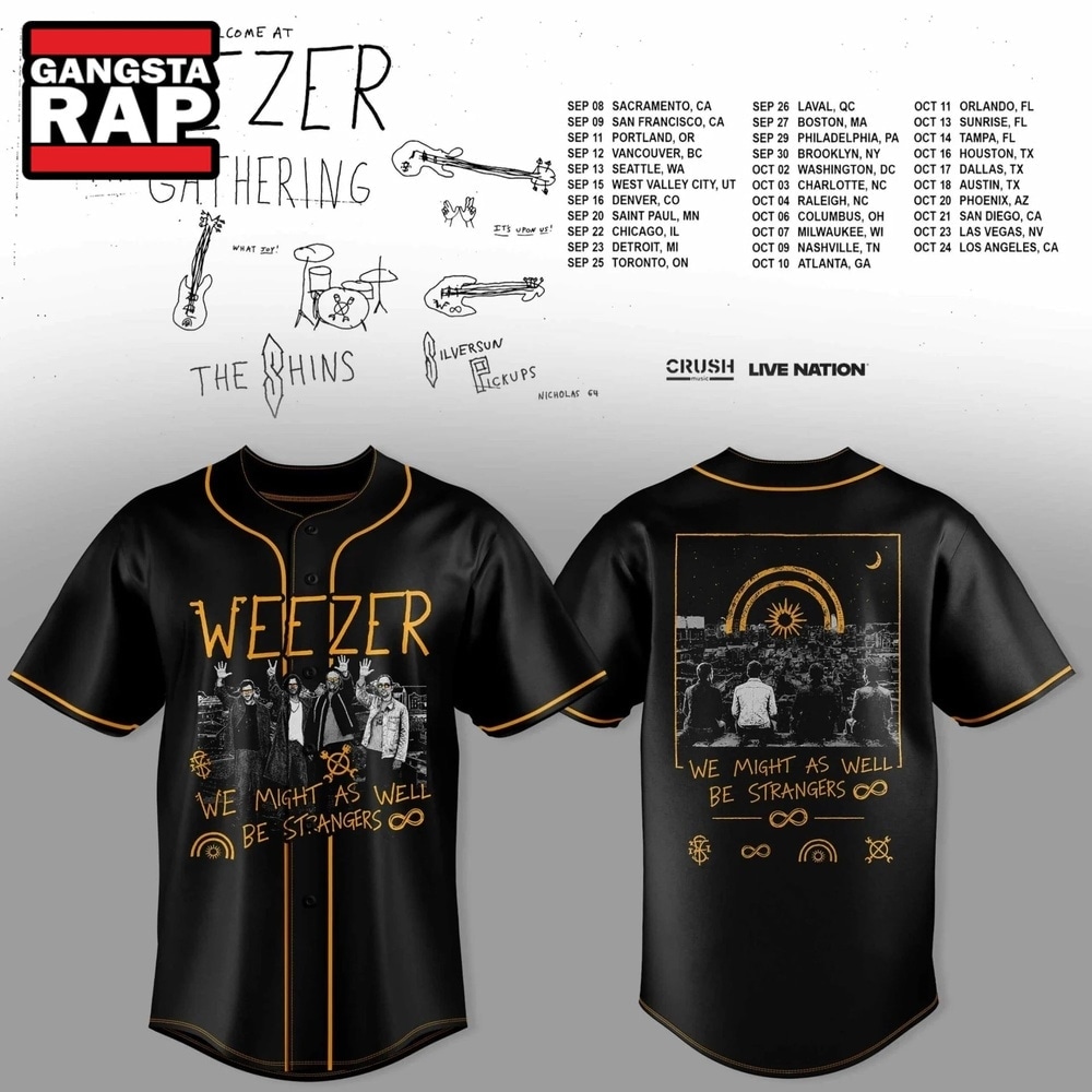 Weezer Merch The Gathering 2026 North America Tour Black Baseball Jersey , Music Fans Jersey Shirt Weezer Merch The Gathering 2026 North America Tour Black Baseball Jersey , Music Fans Jersey Shirt