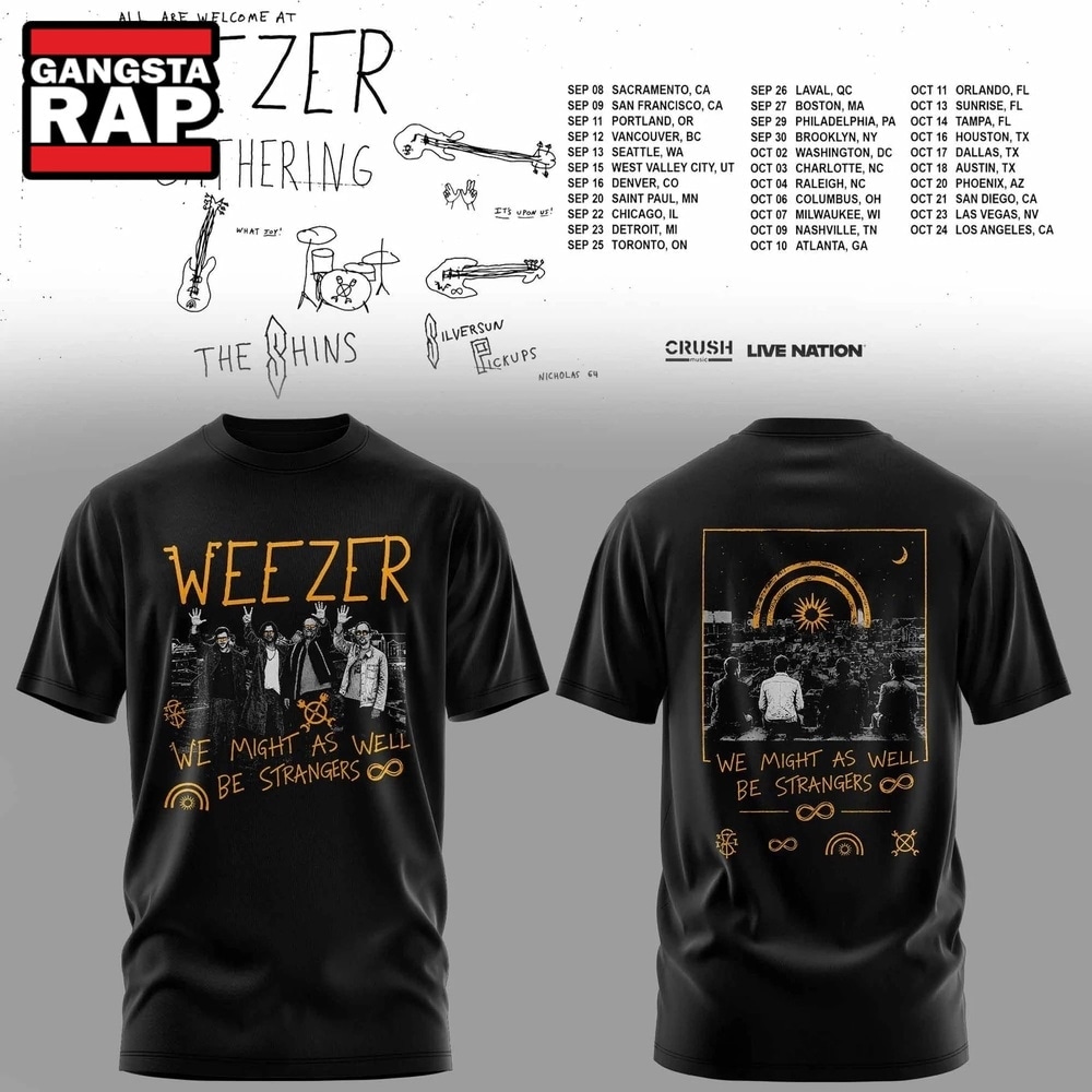 Weezer Merch The Gathering 2026 North America Tour Black T Shirt , Music Trending 3D Shirt Weezer Merch The Gathering 2026 North America Tour Black T Shirt