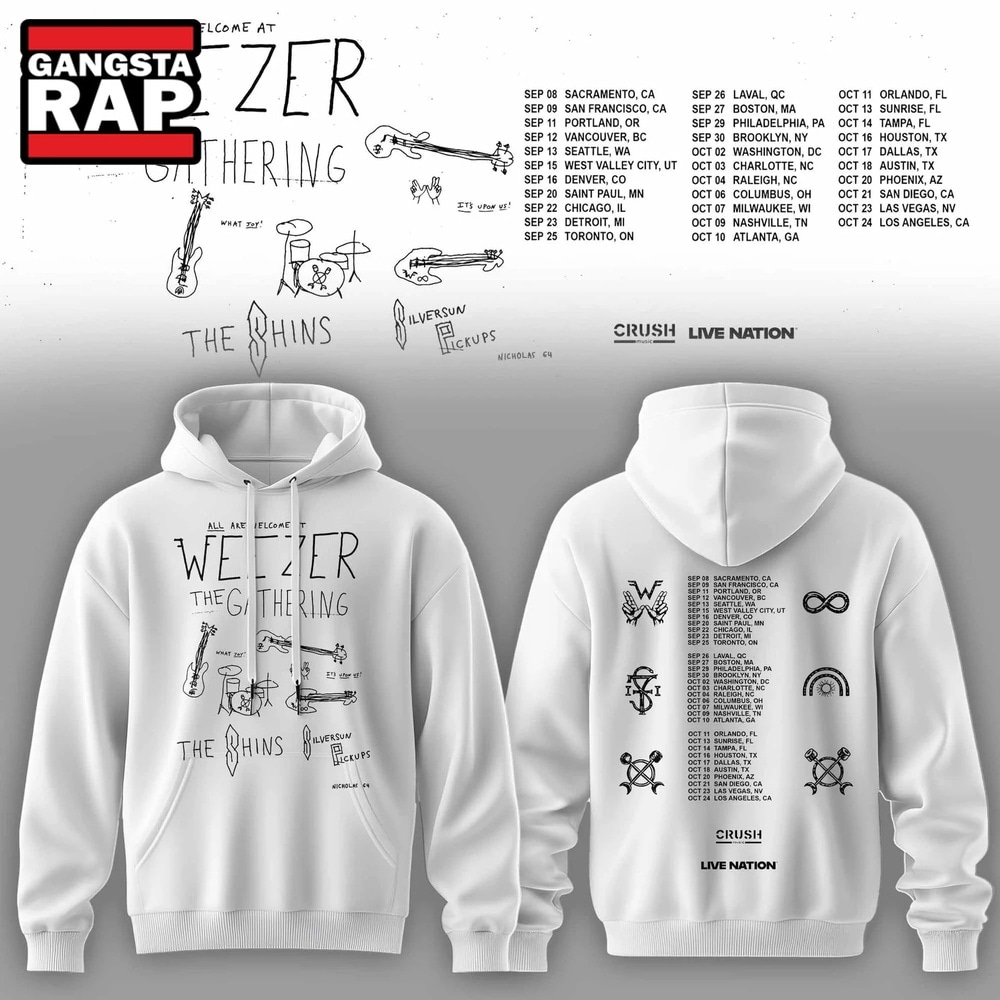 Weezer Merch The Gathering 2026 North America Tour White Hoodie , Music Trending 3D Shirt Weezer Merch The Gathering 2026 North America Tour White Hoodie