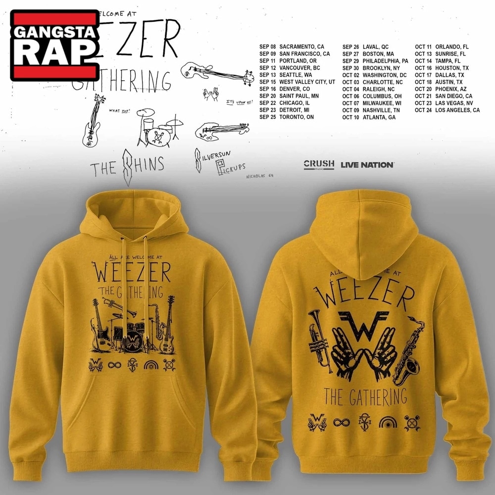 Weezer Merch The Gathering 2026 North America Tour Yellow Hoodie , Music Trending 3D Shirt Weezer Merch The Gathering 2026 North America Tour Yellow Hoodie
