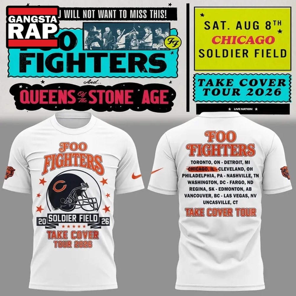 White Shirt Foo Fighters x Chicago Bears, Take Cover Tour 2026 T Shirt , Music Trend Shirt White Shirt Foo Fighters x Chicago Bears, Take Cover Tour 2026 T Shirt , Music Trend Shirt