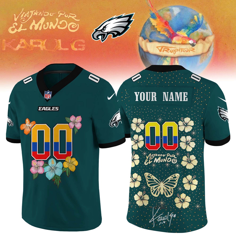 Philadelphia Eagles x Karol G VIAJANDO POR EL MUNDO TROPITOUR Signature Football Jersey, Trending Football Jersey Philadelphia Eagles X Karol G Viajando Por EL Mundo Tropitour Signature Football Jersey