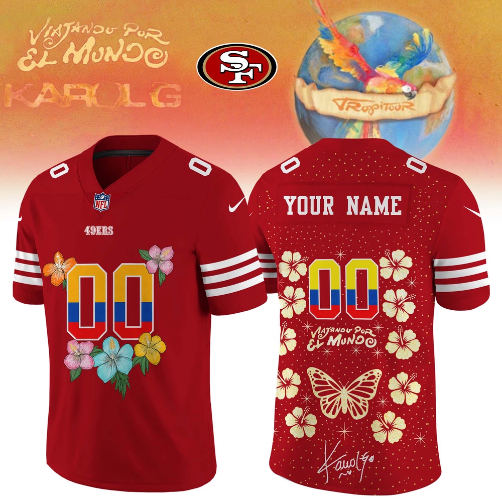 San Francisco 49ers x Karol G VIAJANDO POR EL MUNDO TROPITOUR Signature Football Jersey, Trending Football Jersey San Francisco 49ers X Karol G Viajando Por EL Mundo Tropitour Signature Football Jersey