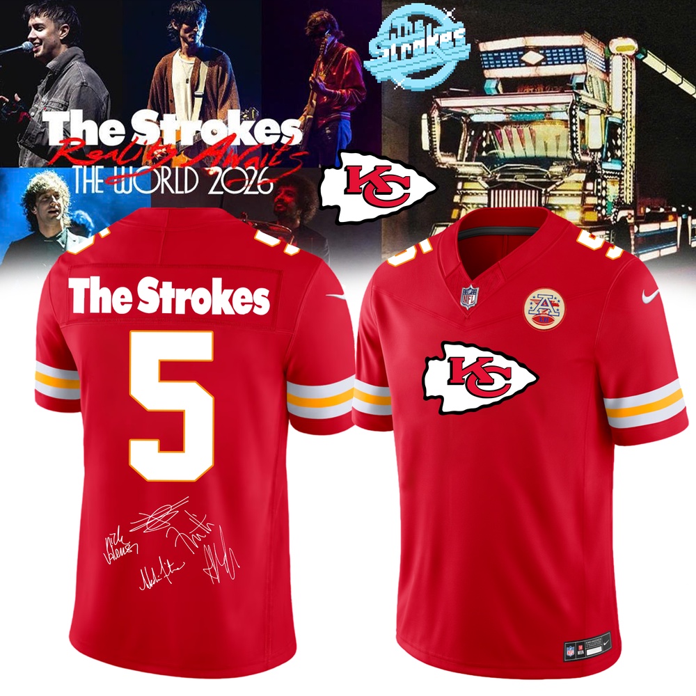 Kansas City Chiefs x The Strokes Reality Awaits World Tour 2026 Limited Edition Signature Football Jersey, Trending Football Jersey Kansas City Chiefs X The Strokes Reality Awaits World Tour 2026 Limited Edition Signature Football Jersey