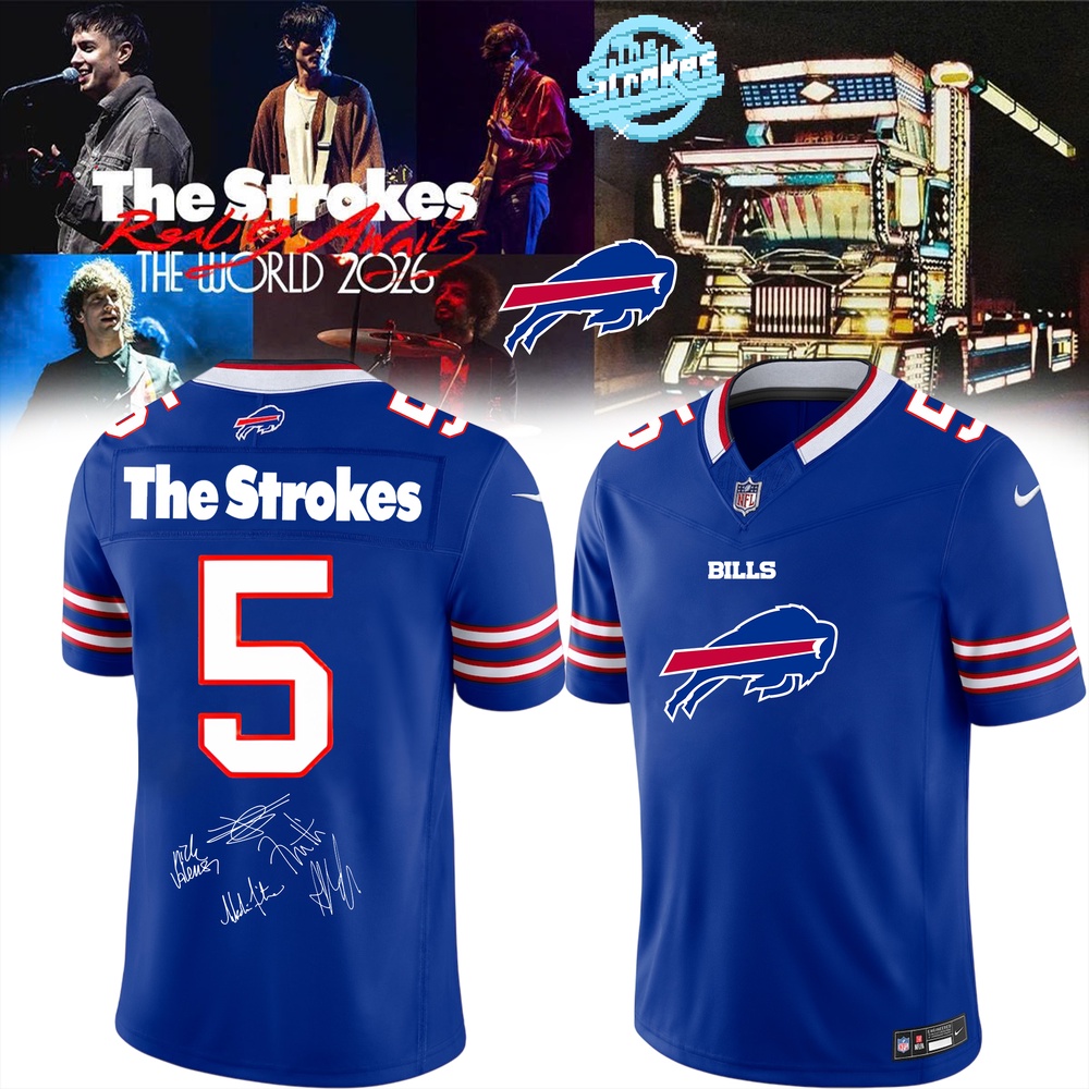 Buffalo Bills x The Strokes Reality Awaits World Tour 2026 Limited Edition Signature Football Jersey, Trending Football Jersey Buffalo Bills X The Strokes Reality Awaits World Tour 2026 Limited Edition Signature Football Jersey