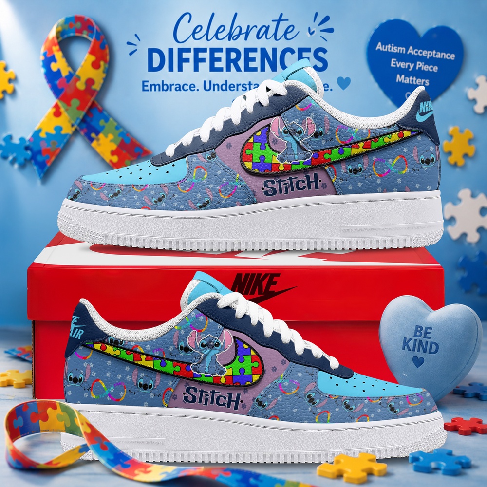 Disney Stitch Autism Awareness Custom Air Force 1 Shoes, Puzzle Piece Graphic Sneakers, Music Air Force 1 Shoes Disney Stitch Autism Awareness Custom Air Force 1 Shoes, Puzzle Piece Graphic Sneakers, Music Air Force 1 Shoes