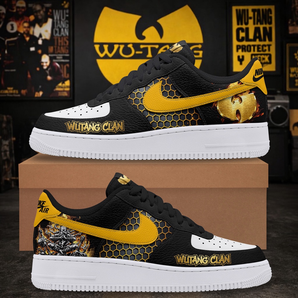Wu Tang Clan Hip Hop Custom Air Force 1 Shoes, Black & Yellow Honeycomb Graphic Sneakers, Music Air Force 1 Shoes Wu Tang Clan Hip Hop Custom Air Force 1 Shoes, Black & Yellow Honeycomb Graphic Sneakers, Music Air Force 1 Shoes