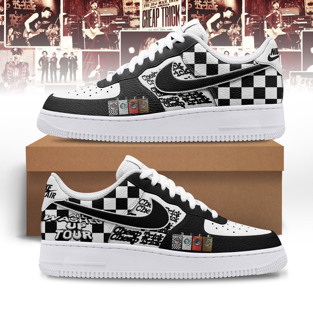 Cheap Trick All Washed Up Tour Black & White Checkerboard Rock Graphic Custom Air Force 1 Shoes, Music Air Force 1 Shoes Cheap Trick All Washed Up Tour Black & White Checkerboard Rock Graphic Custom Air Force 1 Shoes, Music Air Force 1 Shoes