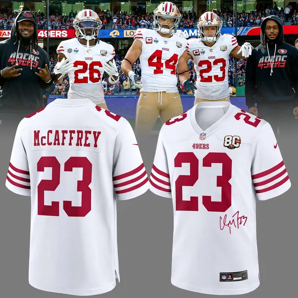 Christian McCaffrey San Francisco 49ers 80th Anniversary Signatures Print Football Jersey, Trending Football Jersey Christian McCaffrey San Francisco 49ers 80th Anniversary Signatures Print Football Jersey, Trending Football Jersey