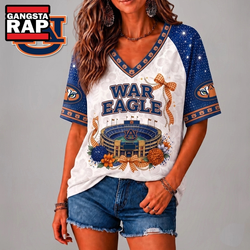 Auburn Tigers NCAA Floral Stadium Bow V Neck 3D T Shirt, NCAA V Neck T-Shirt Auburn Tigers NCAA Floral Stadium Bow V Neck 3D T Shirt, NCAA V Neck T-Shirt