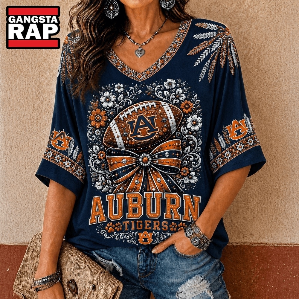 Auburn Tigers NCAA Vintage Floral Bow V Neck T Shirt, NCAA V Neck T-Shirt Auburn Tigers Ncaa Vintage Floral Bow V Neck T Shirt