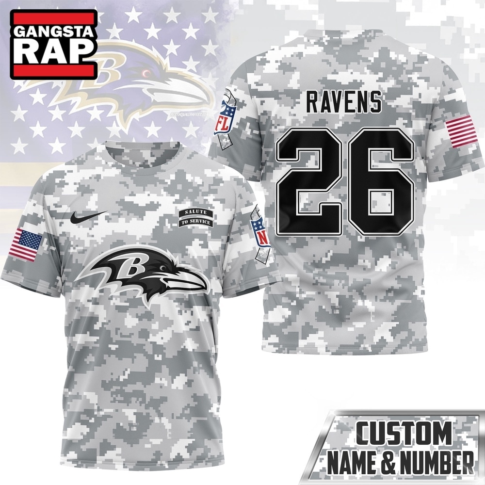Baltimore Ravens NFL Salute to Service Custom Name & Number Camo 3D Shirt, Football New Design Shirt Baltimore Ravens Nfl Salute TO Service Custom Name Number Camo 3D Shirt