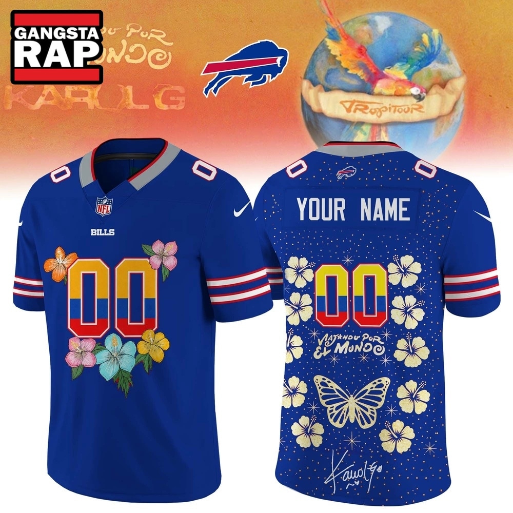 Buffalo Bills x Karol G VIAJANDO POR EL MUNDO TROPITOUR Signature Football Jersey, Trending Football Jersey Buffalo Bills X Karol G Viajando Por EL Mundo Tropitour Signature Football Jersey
