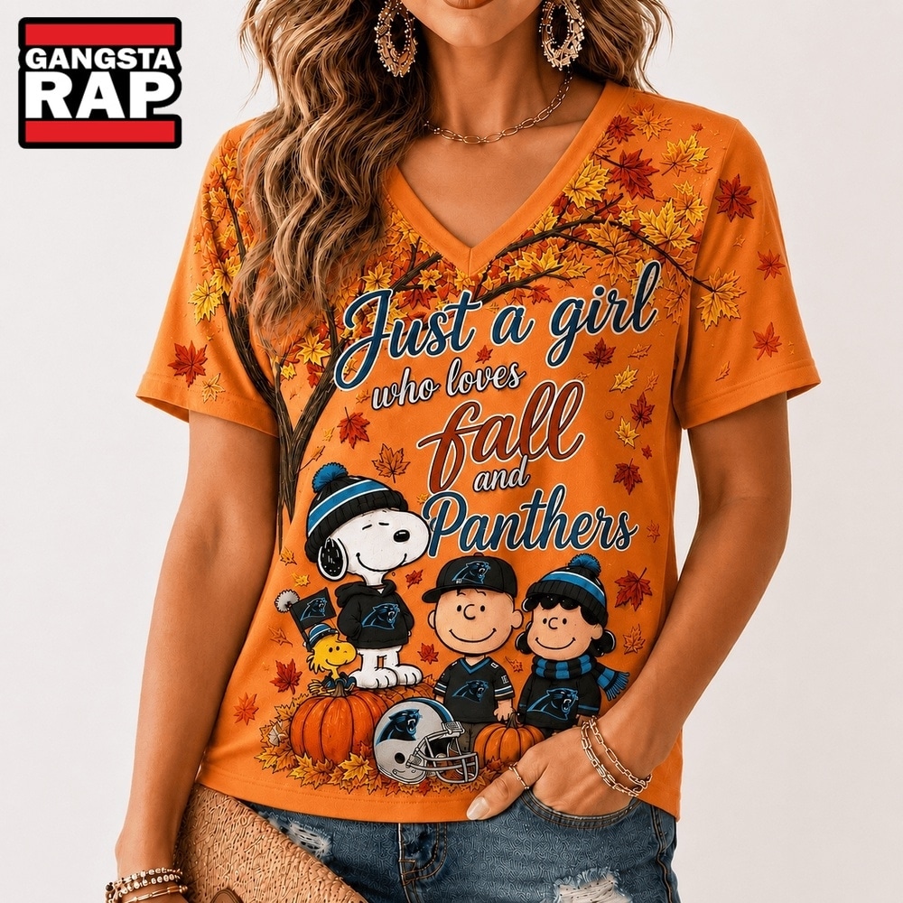 Carolina Panthers NFL Snoopy Peanuts Fall Season V Neck T Shirt, NFL V Neck T-Shirt Carolina Panthers Nfl Snoopy Peanuts Fall Season V Neck T Shirt