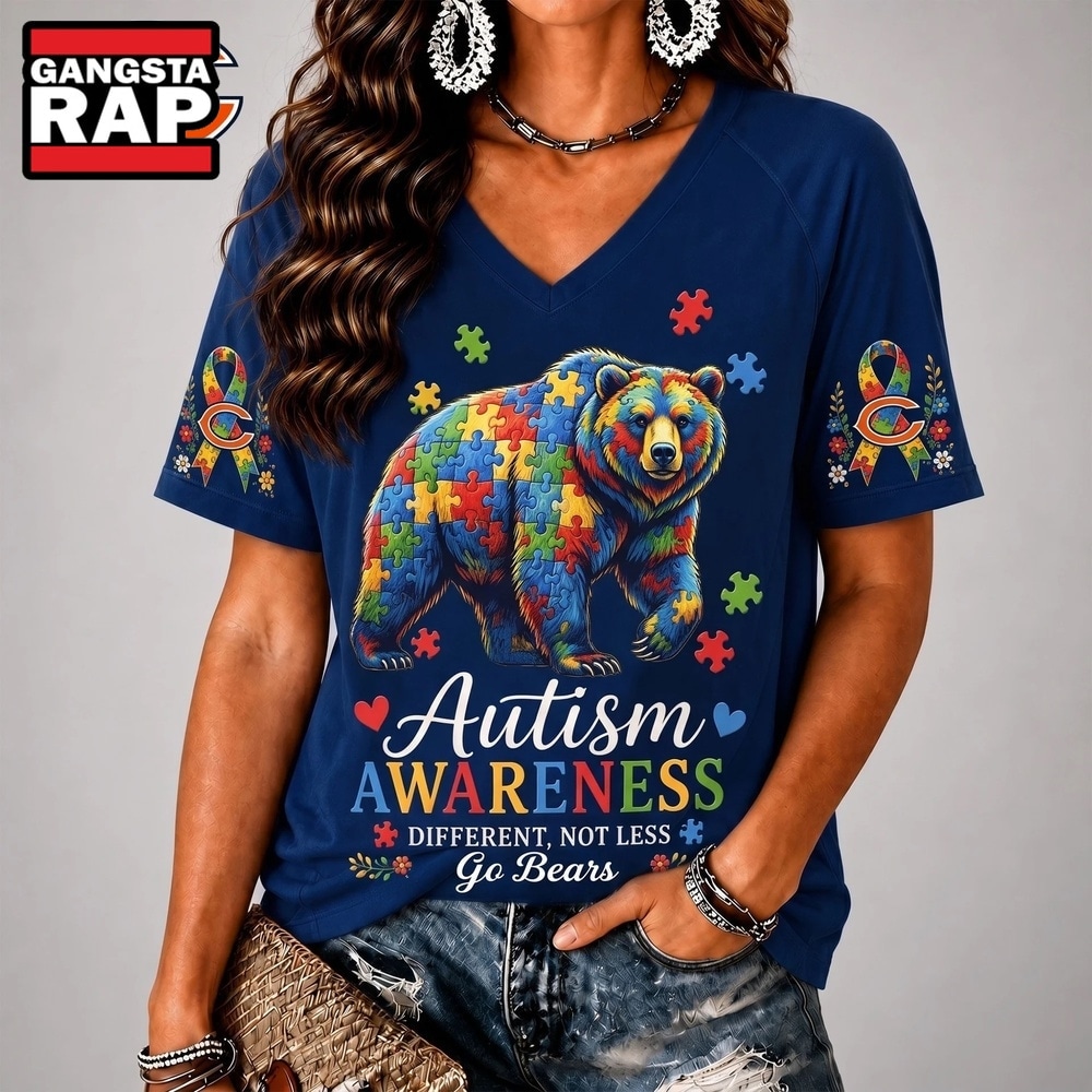 Chicago Bears NFL Different, Not Less Autism Awareness V neck T Shirt, NFL V Neck T-Shirt Chicago Bears Nfl Different Not Less Autism Awareness V Neck T Shirt