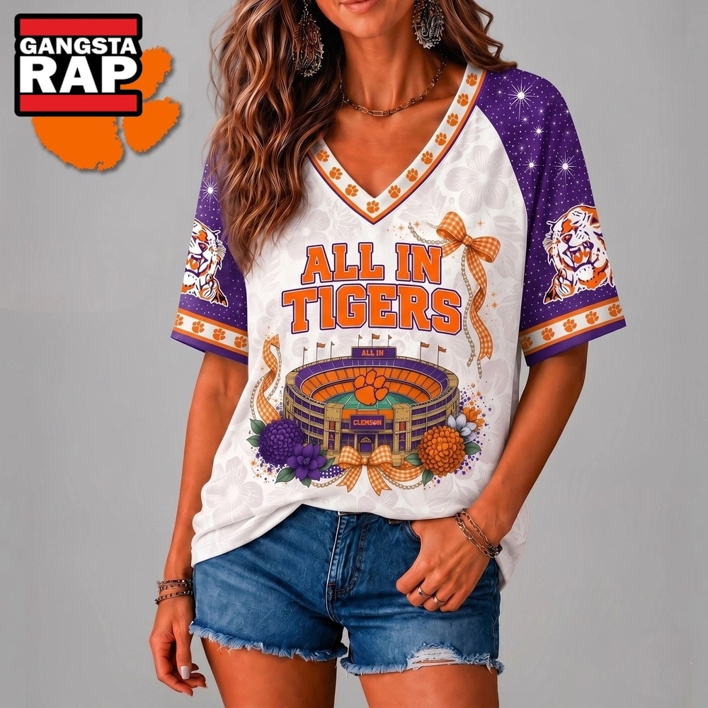 Clemson Tigers NCAA Floral Stadium Bow V Neck 3D T Shirt, NCAA V Neck T-Shirt Clemson Tigers NCAA Floral Stadium Bow V Neck 3D T Shirt, NCAA V Neck T-Shirt