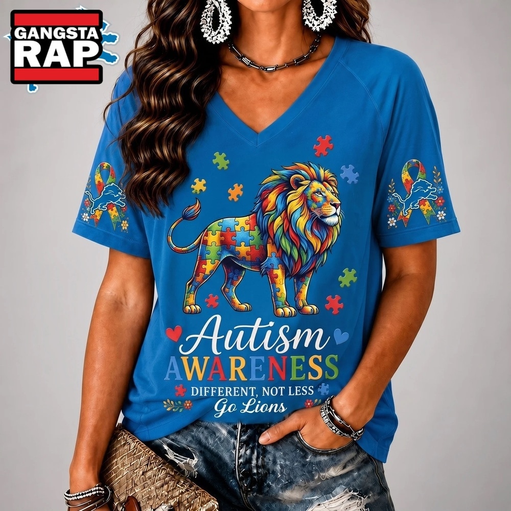 Detroit Lions NFL Different, Not Less Autism Awareness V neck T Shirt, NFL V Neck T-Shirt Detroit Lions Nfl Different Not Less Autism Awareness V Neck T Shirt