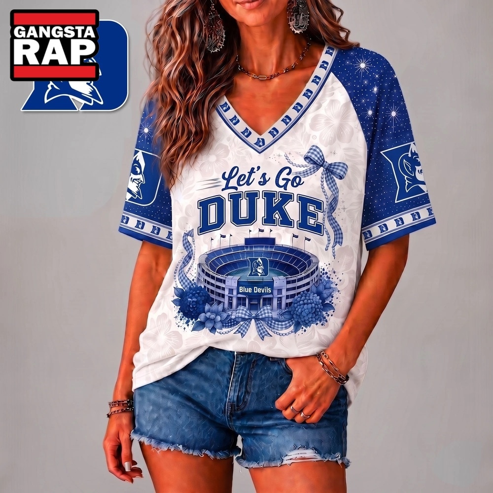 Duke Blue Devils NCAA Floral Stadium Bow V Neck 3D T Shirt, NCAA V Neck T-Shirt Duke Blue Devils NCAA Floral Stadium Bow V Neck 3D T Shirt, NCAA V Neck T-Shirt