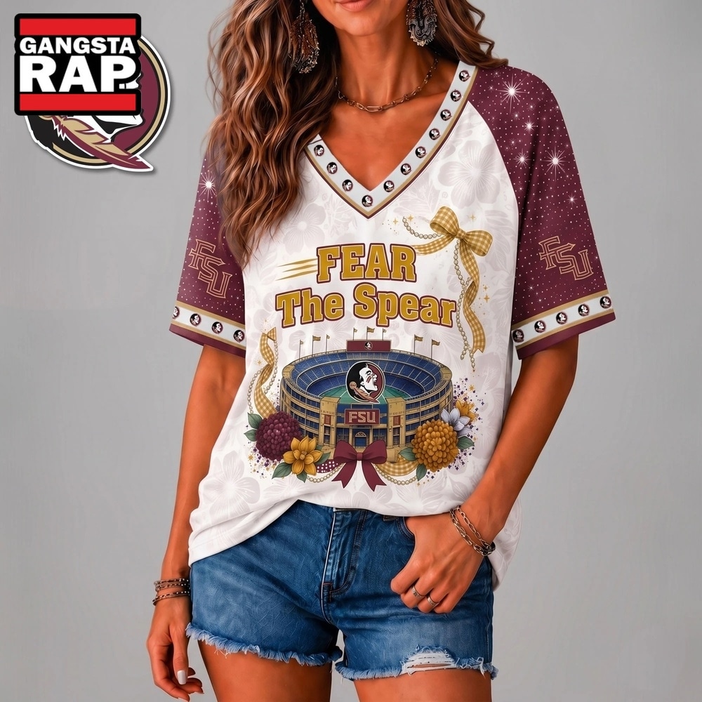 Florida State Seminoles NCAA Floral Stadium Bow V Neck 3D T Shirt, NCAA V Neck T-Shirt Florida State Seminoles NCAA Floral Stadium Bow V Neck 3D T Shirt, NCAA V Neck T-Shirt