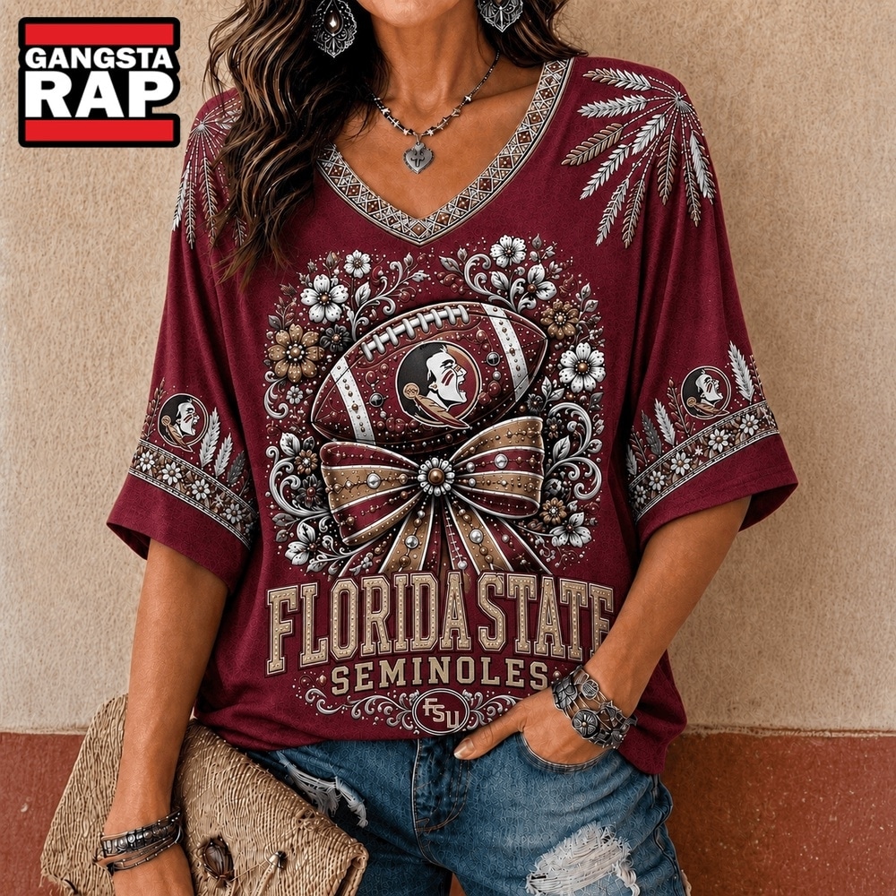 Florida State Seminoles NCAA Vintage Floral Bow V Neck T Shirt, NCAA V Neck T-Shirt Florida State Seminoles Ncaa Vintage Floral Bow V Neck T Shirt