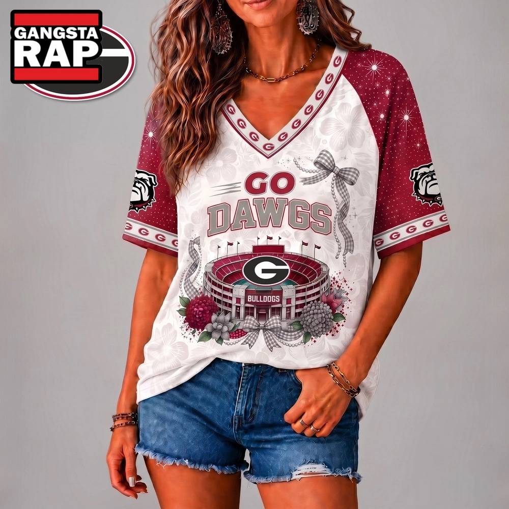 Georgia Bulldogs NCAA Floral Stadium Bow V Neck 3D T Shirt, NCAA V Neck T-Shirt Georgia Bulldogs NCAA Floral Stadium Bow V Neck 3D T Shirt, NCAA V Neck T-Shirt