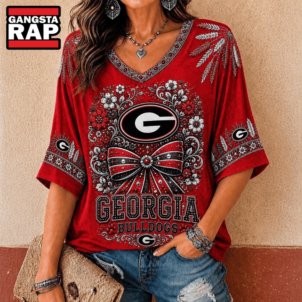 Georgia Bulldogs NCAA Vintage Floral Bow V Neck T Shirt, NCAA V Neck T-Shirt Georgia Bulldogs Ncaa Vintage Floral Bow V Neck T Shirt