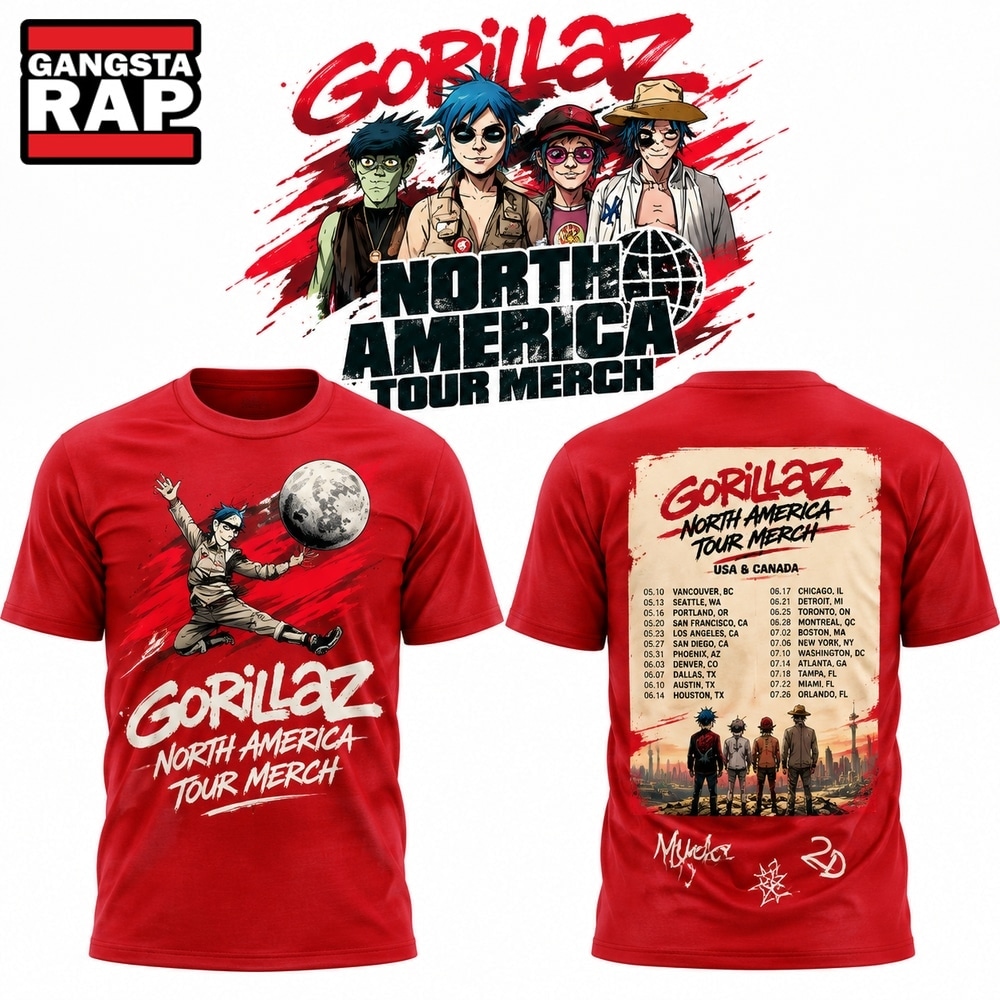 Gorillaz The North American Mountain Tour 2026 Limited Edition Red T Shirt, Trending 3D Music Shirt Gorillaz The North American Mountain Tour 2026 Limited Edition Red T Shirt