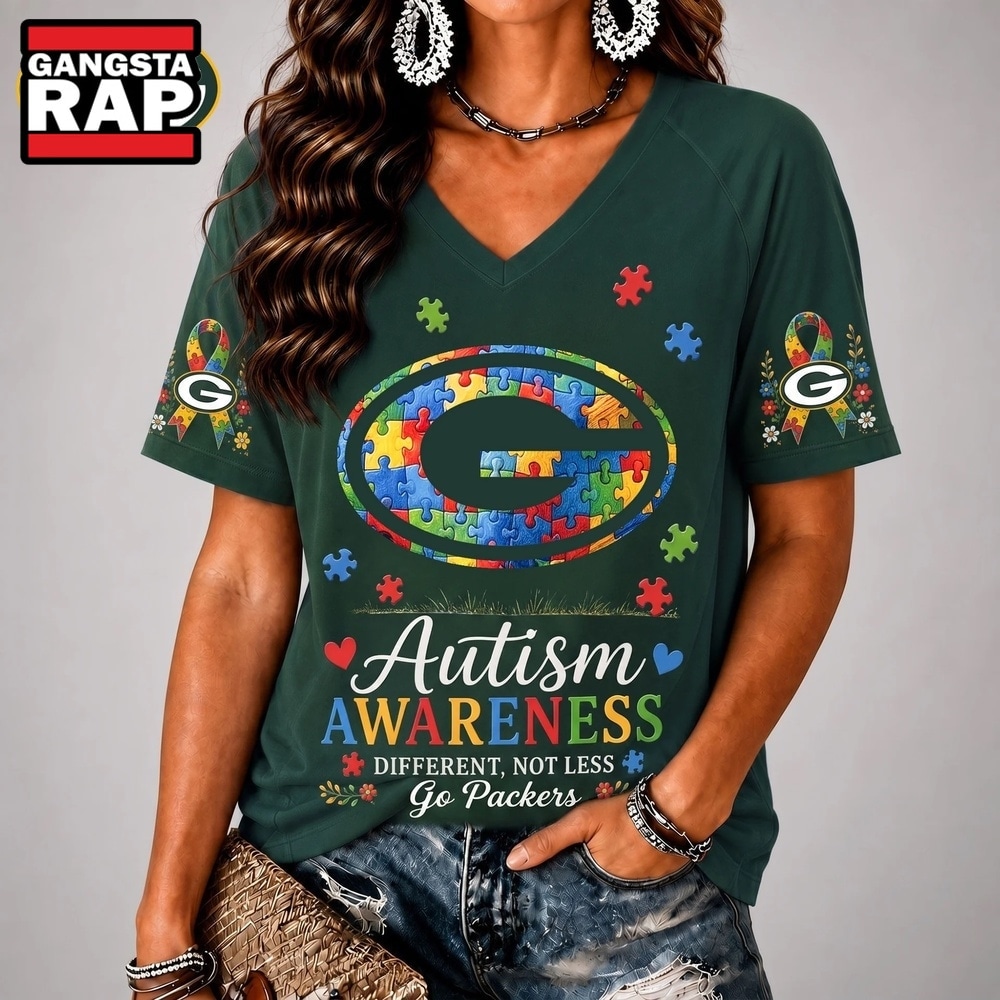 Green Bay Packers NFL Different, Not Less Autism Awareness V neck T Shirt, NFL V Neck T-Shirt Green Bay Packers Nfl Different Not Less Autism Awareness V Neck T Shirt