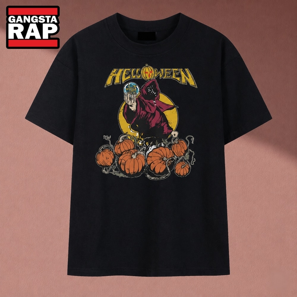 Helloween Hooded Sorcerer Crystal Ball Pumpkins Graphic T Shirt, Music 2D Shirt Helloween Hooded Sorcerer Crystal Ball Pumpkins Graphic T Shirt, Music 2D Shirt