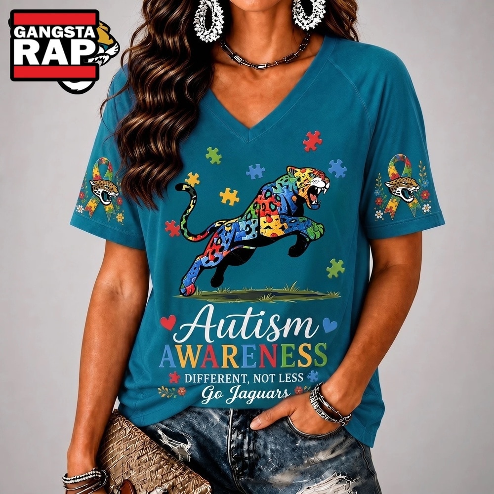 Jacksonville Jaguars NFL Different, Not Less Autism Awareness V neck T Shirt, NFL V Neck T-Shirt Jacksonville Jaguars Nfl Different Not Less Autism Awareness V Neck T Shirt
