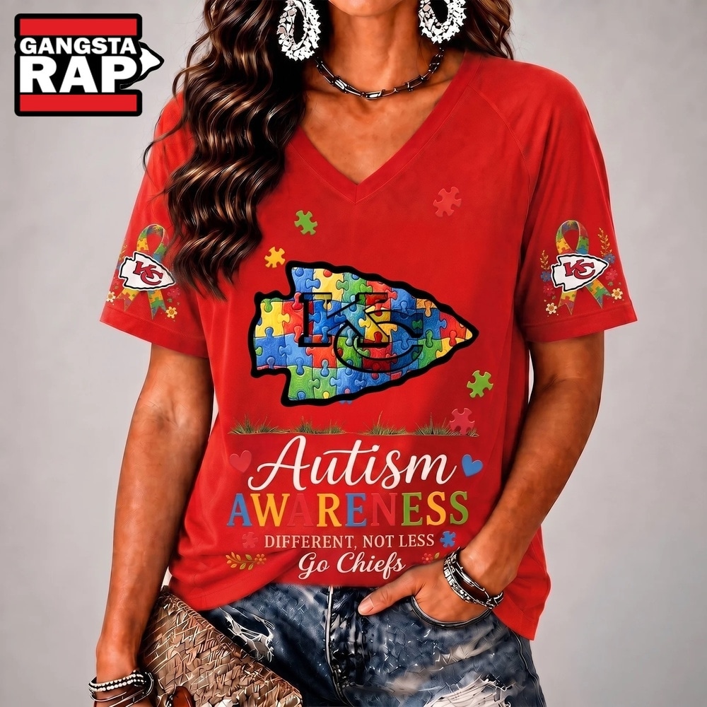 Kansas City Chiefs NFL Different, Not Less Autism Awareness V neck T Shirt, NFL V Neck T-Shirt Kansas City Chiefs Nfl Different Not Less Autism Awareness V Neck T Shirt