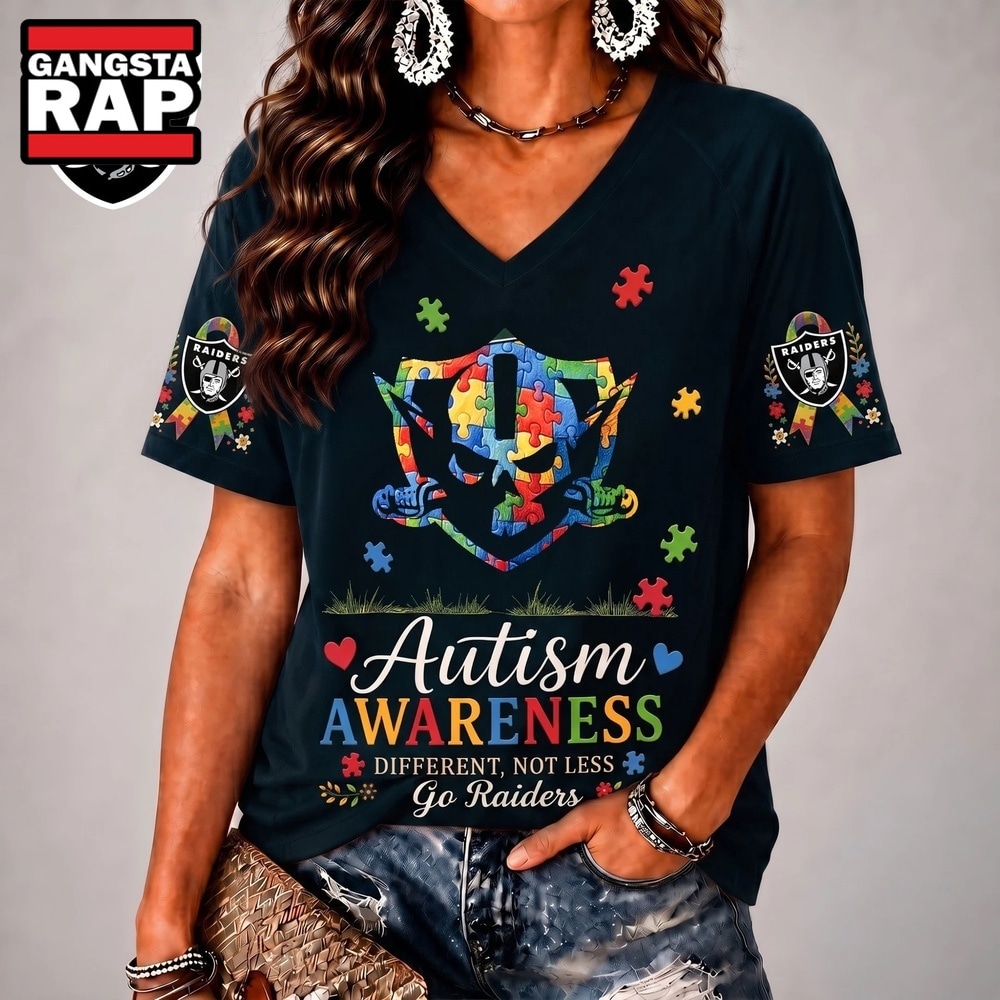 Las Vegas Raiders NFL Different, Not Less Autism Awareness V neck T Shirt, NFL V Neck T-Shirt Las Vegas Raiders Nfl Different Not Less Autism Awareness V Neck T Shirt
