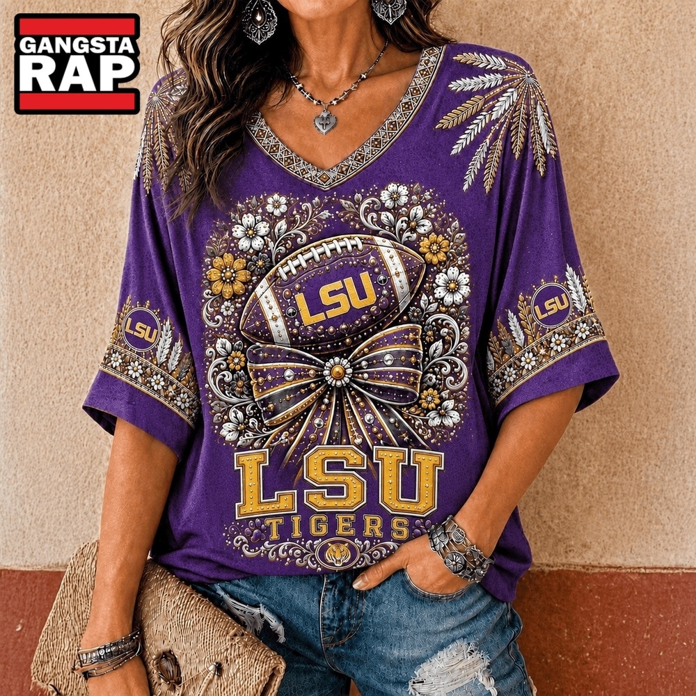 LSU Tigers NCAA Vintage Floral Bow V Neck T Shirt, NCAA V Neck T-Shirt Lsu Tigers Ncaa Vintage Floral Bow V Neck T Shirt
