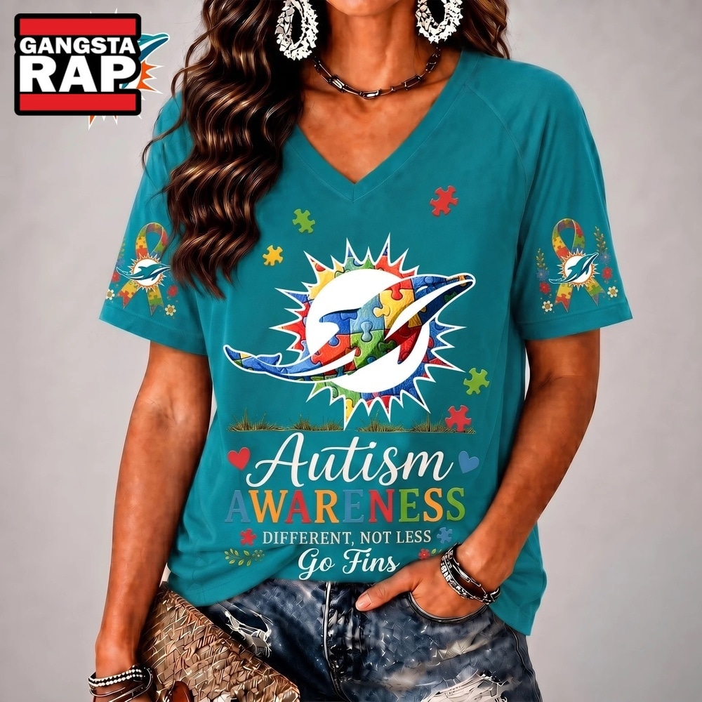 Miami Dolphins NFL Different, Not Less Autism Awareness V neck T Shirt, NFL V Neck T-Shirt Miami Dolphins Nfl Different Not Less Autism Awareness V Neck T Shirt